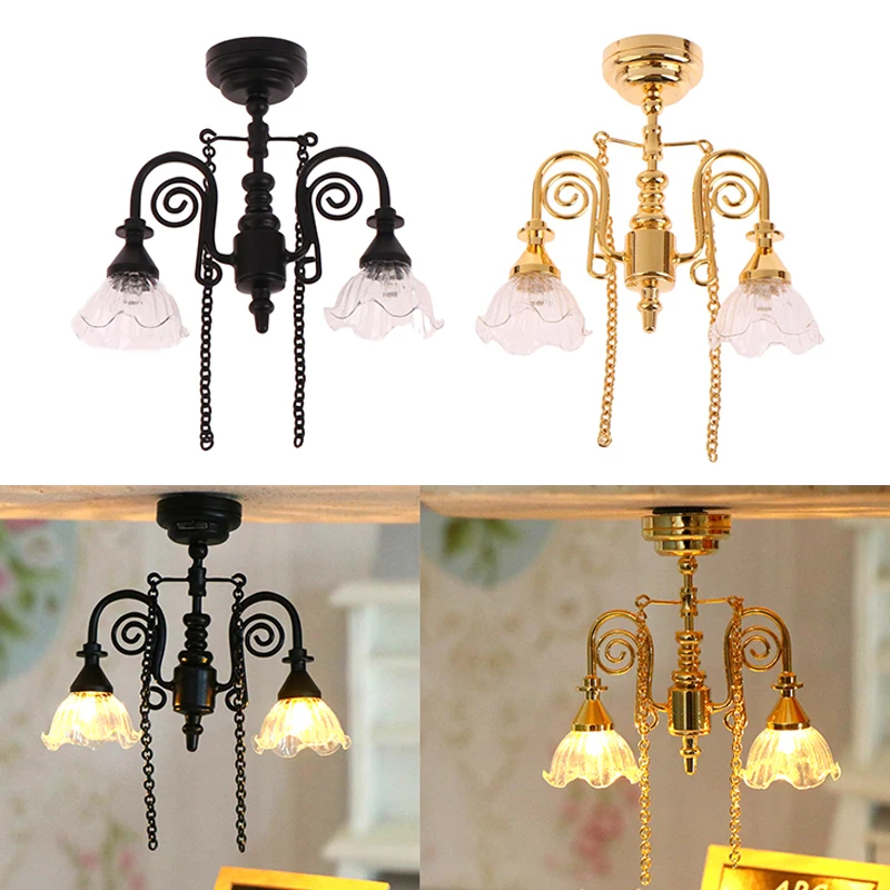 1:12 Dollhouse Miniature LED Lamp Ceiling Lamp Chandelier Droplight Lighting Furniture Model For Doll House Decor Kids Toys