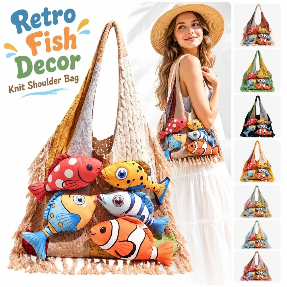 Gifts 3D Fish Decor Knitted Shoulder Bag Tassel Trim Colorblock Knit Crochet Handbag Handmade Large Capacity Hobo Bag Vacation
