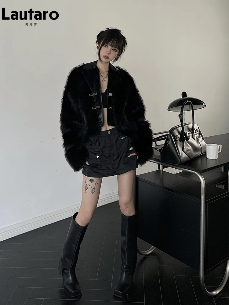 Lautaro Winter Cool Short Black Pu Leather Patchwork Faux Fur Coat Women Long Sleeve Luxury Designer Clothes Fluffy Jacket 2023