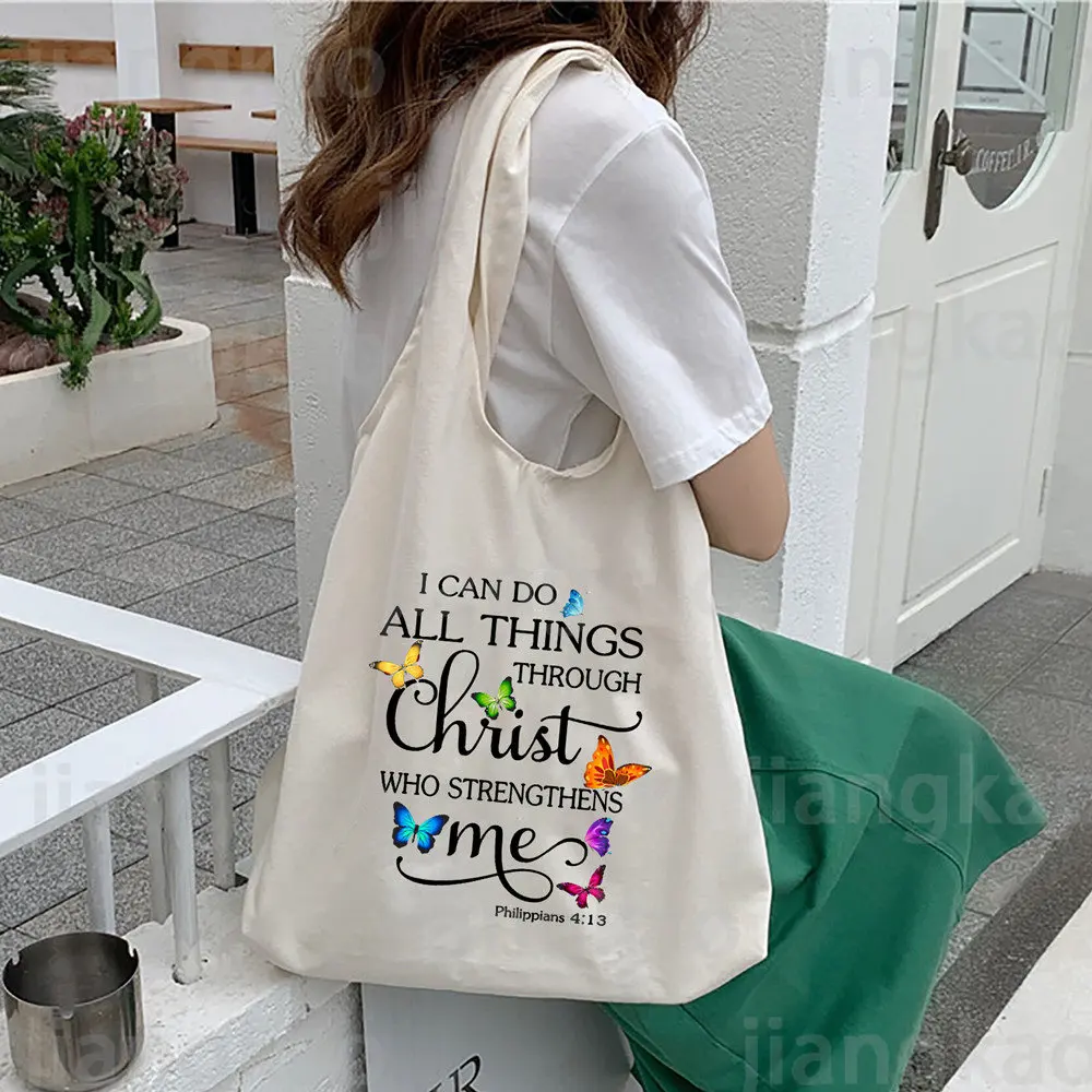 

I Can Do All Things Christ Who Strengthens Me Print Tote Bag Literary Canvas Shoulder Bags School Book Bag Girl Shopping Bags