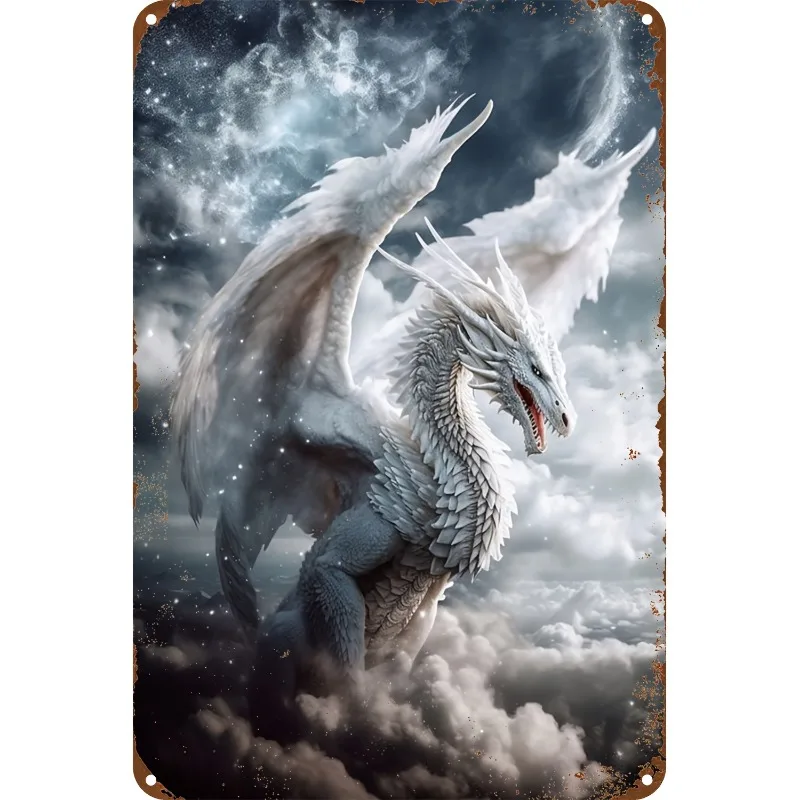 Mystical White Dragon Aluminum Wall Sign - Vintage 8x12 Inch Metal Plaque with Celestial Design for Home, Office Decor