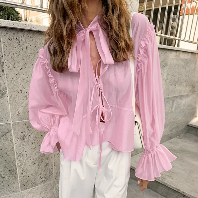 Autumn New Puff Sleeve Loose Lace-up Shirt 2025 European and American Fashion Top Women