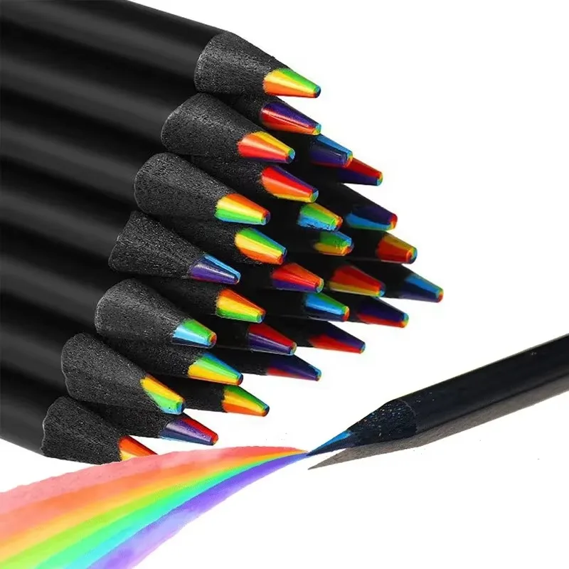 10-12Pcs Colored Black Wood Pencils 7 in 1 Rainbow Drawing Pencil. For Sketching, Doodling ,Painting Stationery