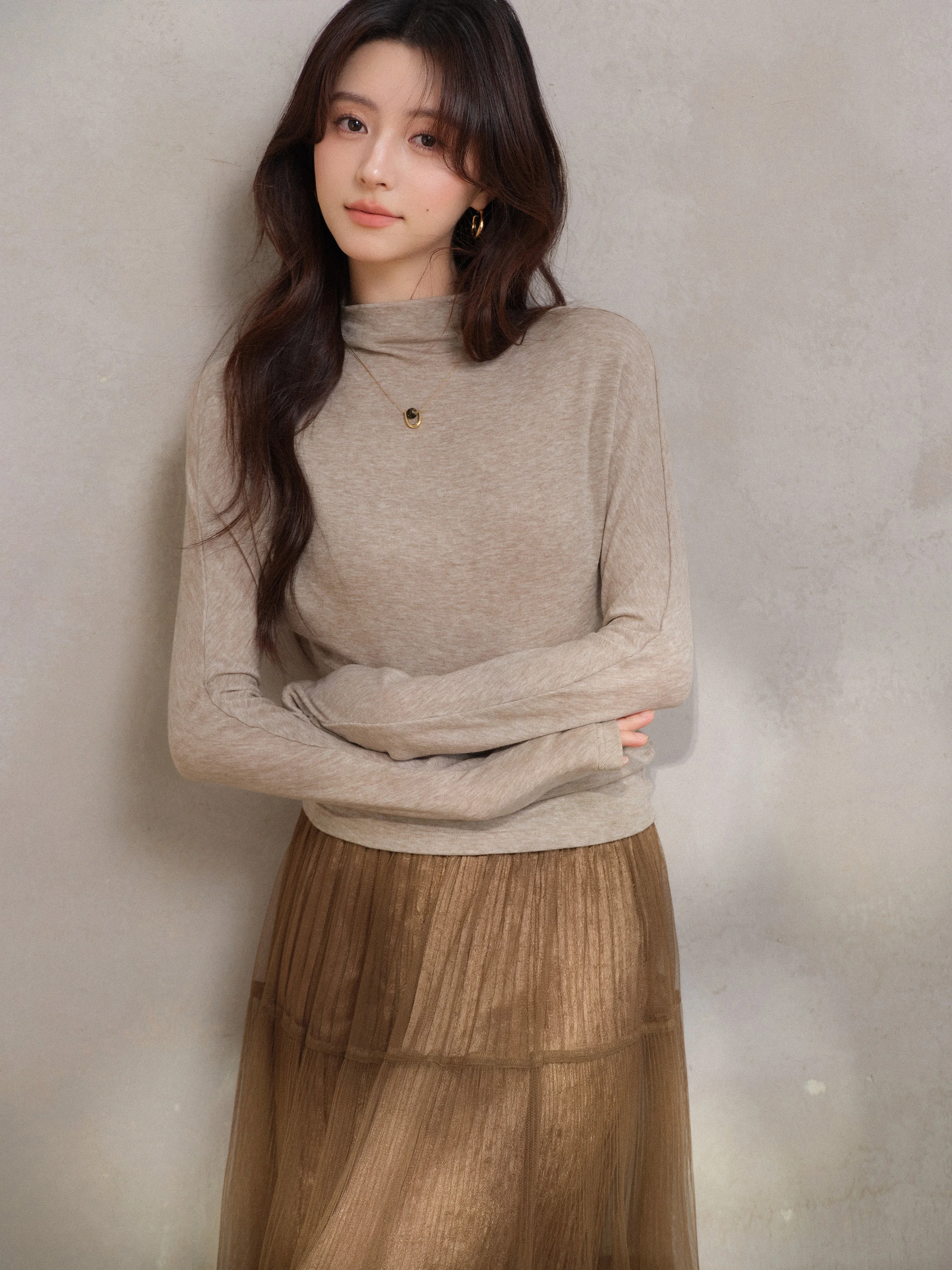 Camiseta elegante de manga larga de punto suave para mujer, cuello simulado, capa Base ajustada, camiseta interior cómoda para otoño e invierno, ropa informal