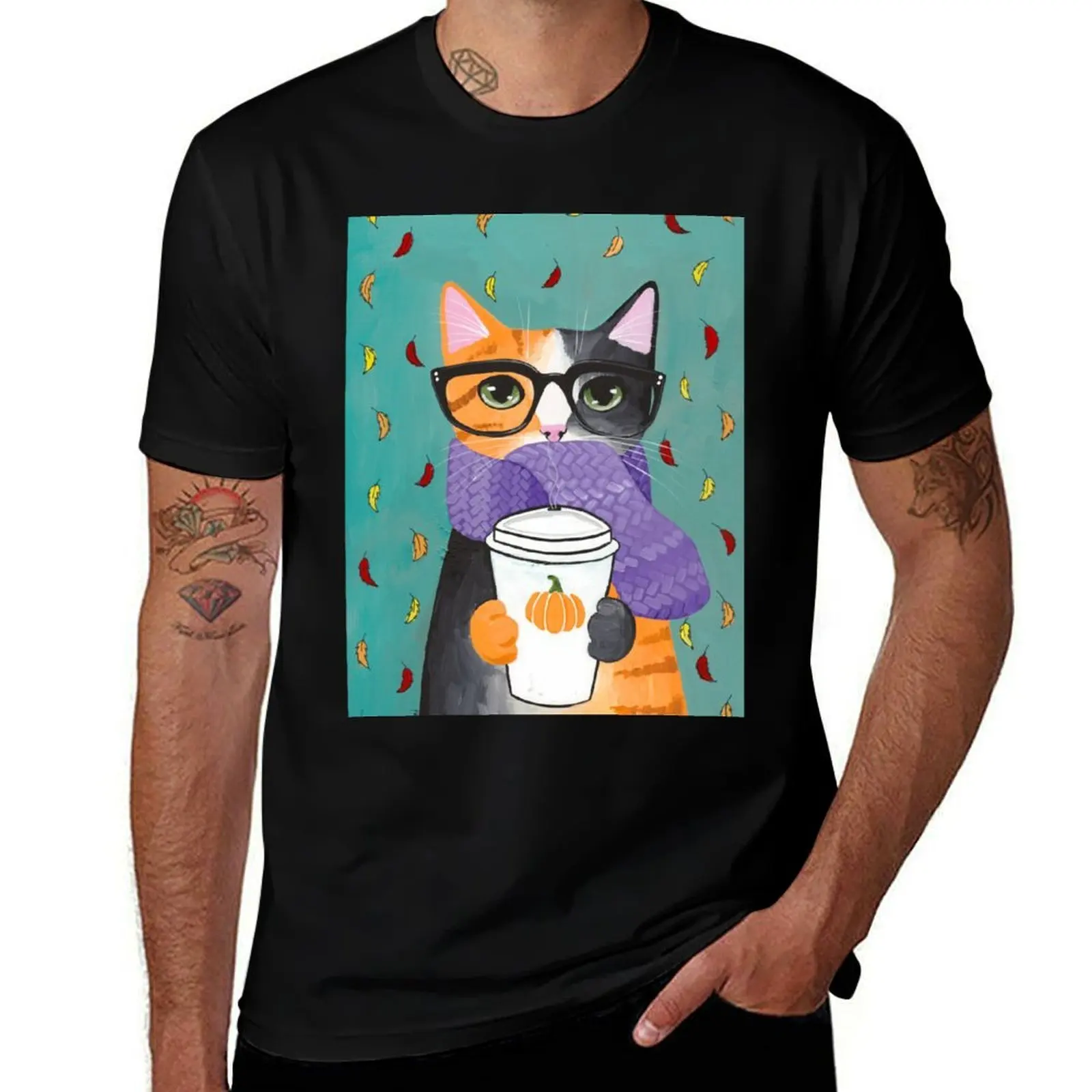 Calico Autumn Coffee Cat T-Shirt Creative Graphic Tee Shirt