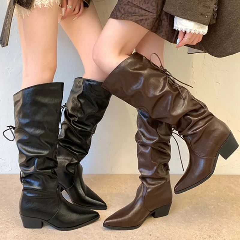 Women Vintage Pointed Toe Knee High Boots Slouchy Pu Leather Thick Heel Comfortable Female Winter Fleece Lined Long Boots