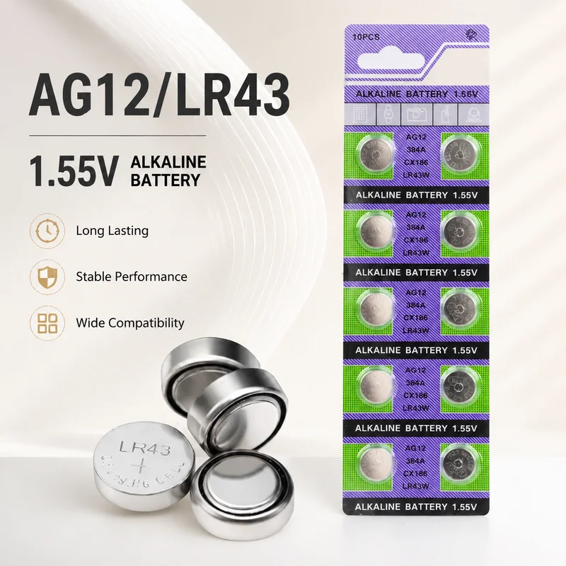Alkaline Button Cell Battery AG12 LR43 1.55V 10PCS, 386 186 SR43 SR43W V12GA LR1142 SR1142 For Watch Calculator Toy Remote