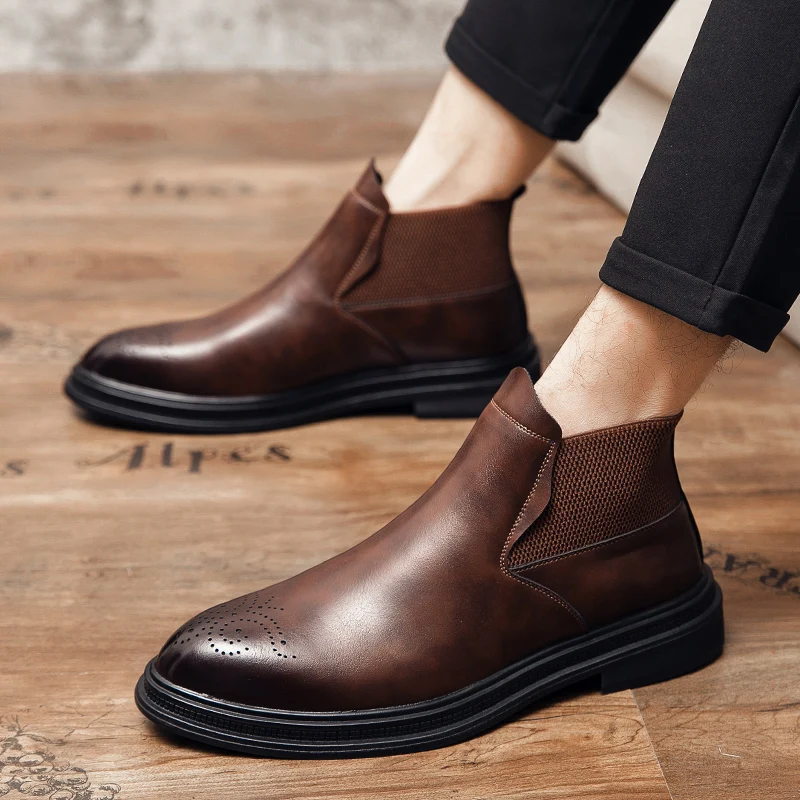 High-top leather shoes are versatile for men brogue retro British-style business shoes and youth formal wear casual shoes trend view 3