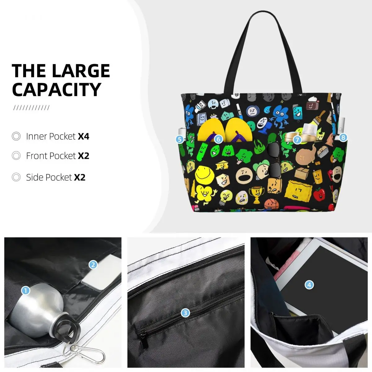 BFDI Inanimate Insanity All Characters Beach Tote Bag Sport Gym Yoga Duffle Large Tote Bag Women Travel Bag Fitness bag