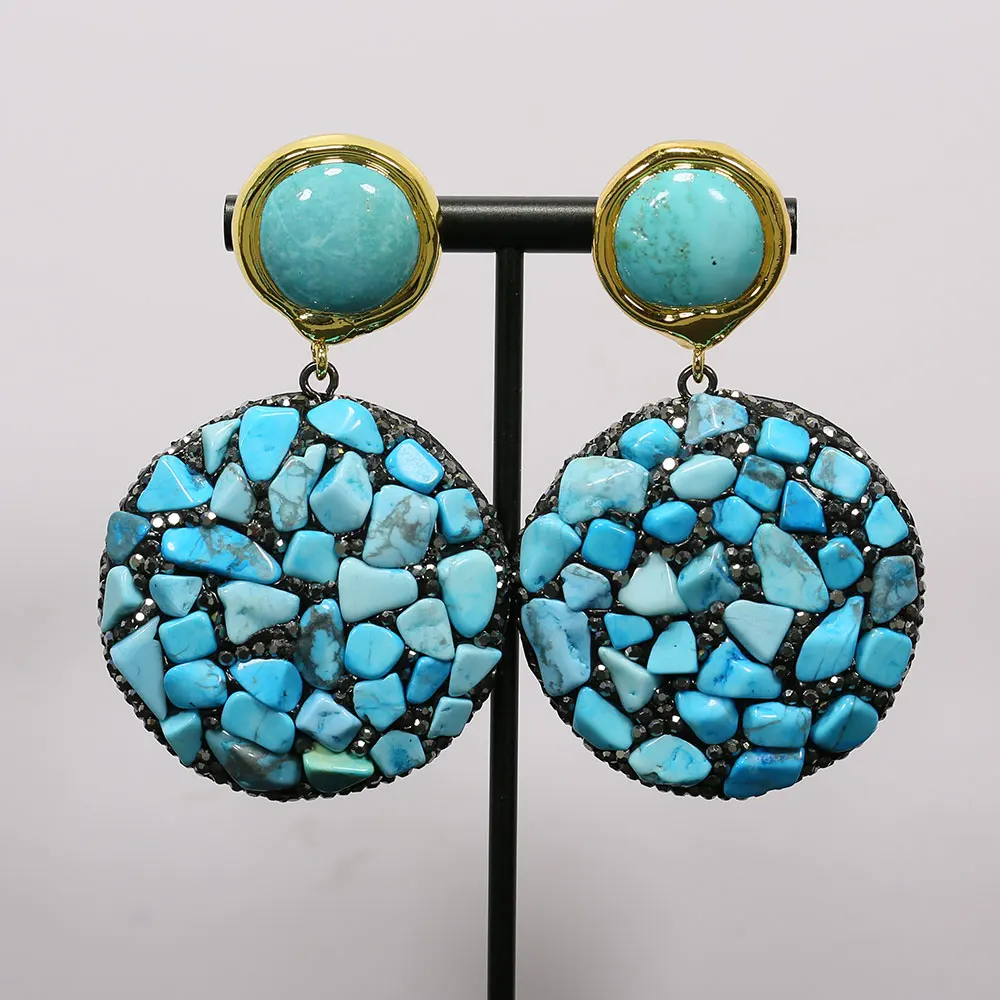 GuaiGuai Jewelry Big Blue Turquoise Coin Sun Black Crystal CZ Pave Yellow Gold Plated Turquoises Stud Earrings Handmade For Lady