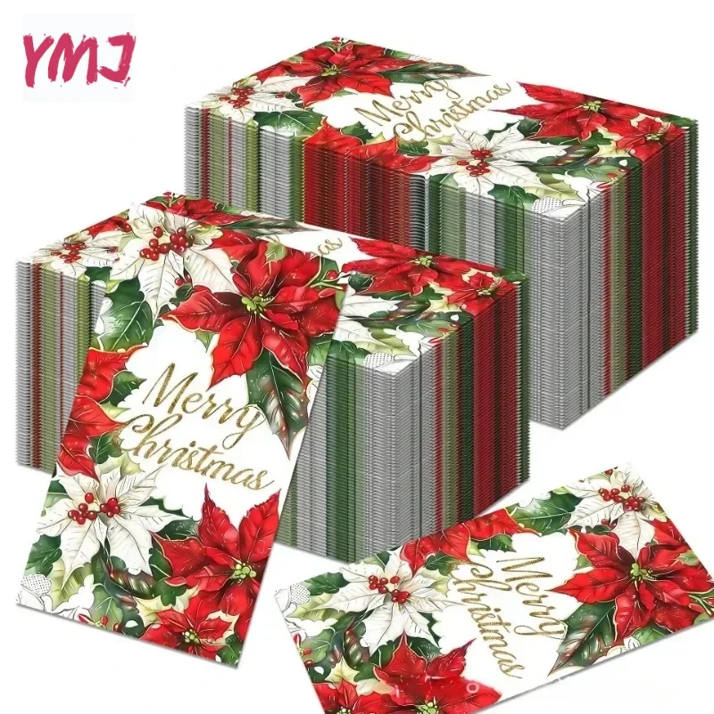 Large Size Christmas Rectangle Paper Napkin Christmas Flower Holly Leaf Printed Colourful Paper Placemat 2-Ply 20pcs 34.2*40.6cm