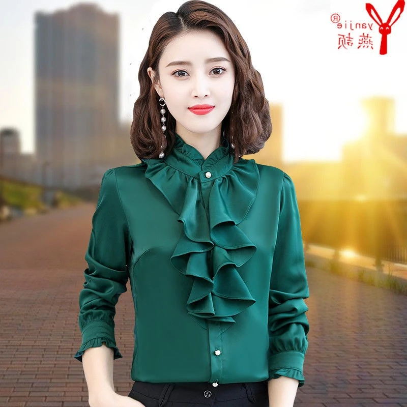 

2025 Chiffon Blouse Women Long Sleeve Spring Autumn Ruffled Stand Collar Satin Shirt Fleece Lined Elegant