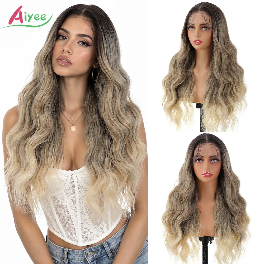 Rooted Jet Black Copper Red Ombre 24 Inch 13x4 Wavy Long Lace Front Wig High Temp Fiber Synthetic Hair Natural Cosplay Hairpiece