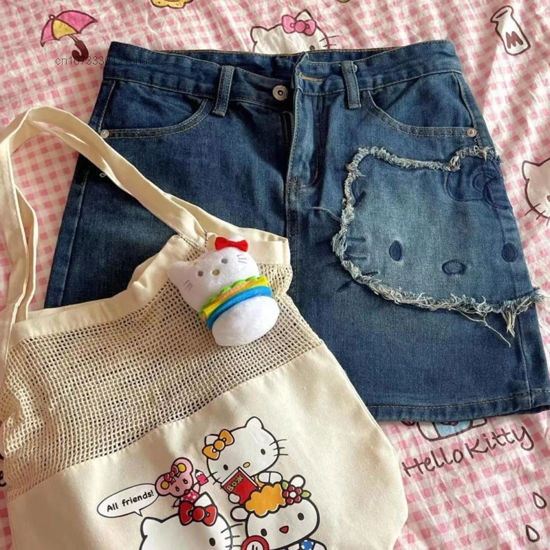 Sanrio American Retro Hello Kitty Women Denim Skirt Y2k Street Sexy Spicy Girl Short Skirt Summer High Waist Slim A Line Skrit