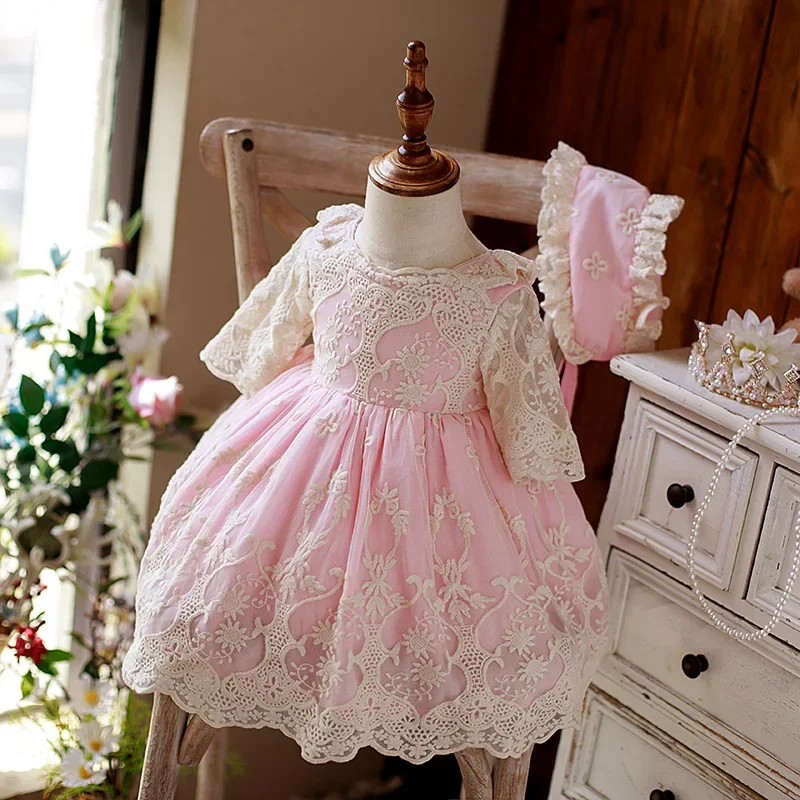 Girls\' Dresses 2023 Flower Girl Lace Dress For Kids 2 Pcs Hat Children Princess 1st Birthday Infant Elegant Ball Gowns Vestido