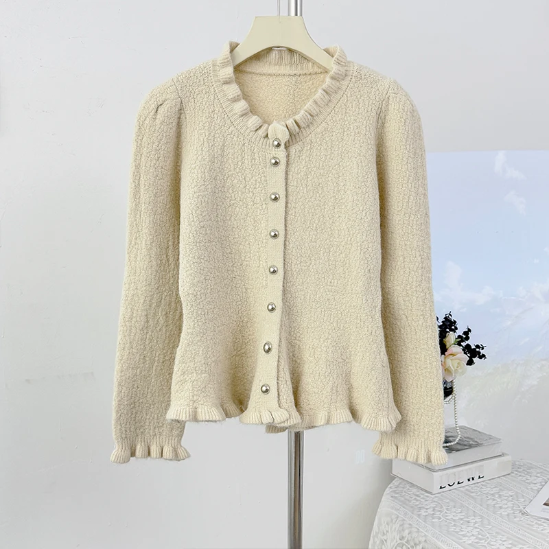 

Французский мягкий восковой вязаный свитер с грибковым краем, круглым вырезом и длинными рукавами, женский однобортный топ на осень 2025 г.