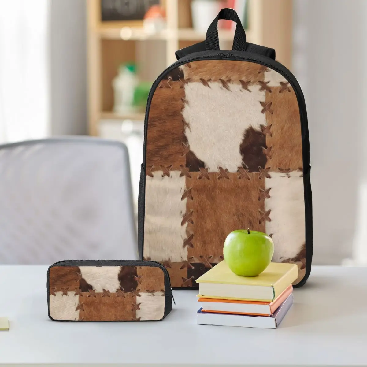 Patchwork Cowhide Rustic Western Decor Backpack BookBag School Bag Laptop Shoulder Bags 3ps Insulated Lunch Bag Pencil Case
