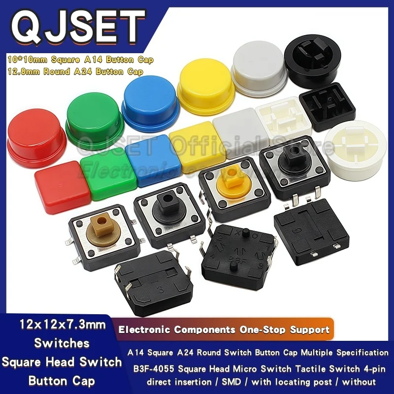 20 Pcs Tactile Pushbutton Switch 12*12*7.3MM Micro Switch Pushbutton A14 A24 Pushbutton Cover 12x12x7.3MM Square Head Pushbutton