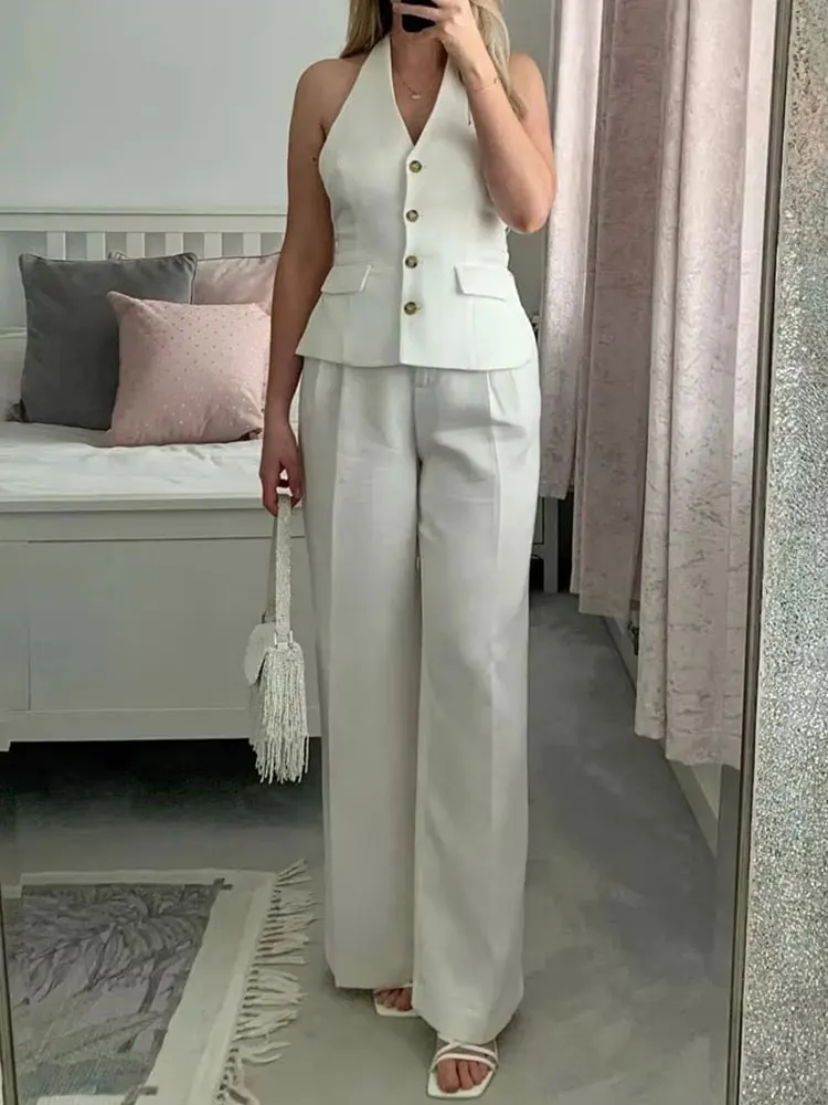 HH Pant Sets For Women Fashion Backless Button Halter Crop Vest Top Straight Pants Trousers Elegant White Suit Streetwear