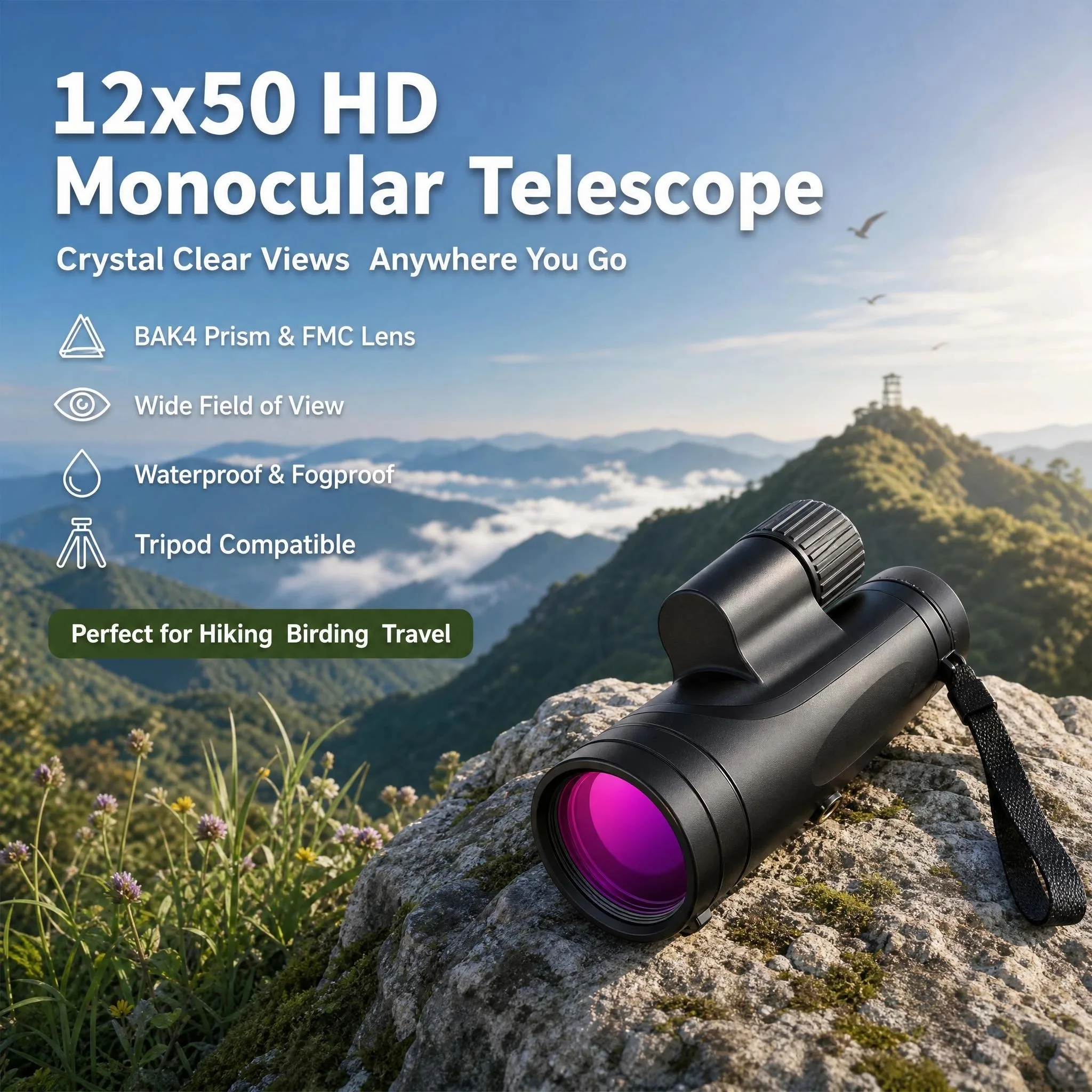 Hunting Outdoor Watch - 12x50 Monocular BAK4 Prism FMC Coating
