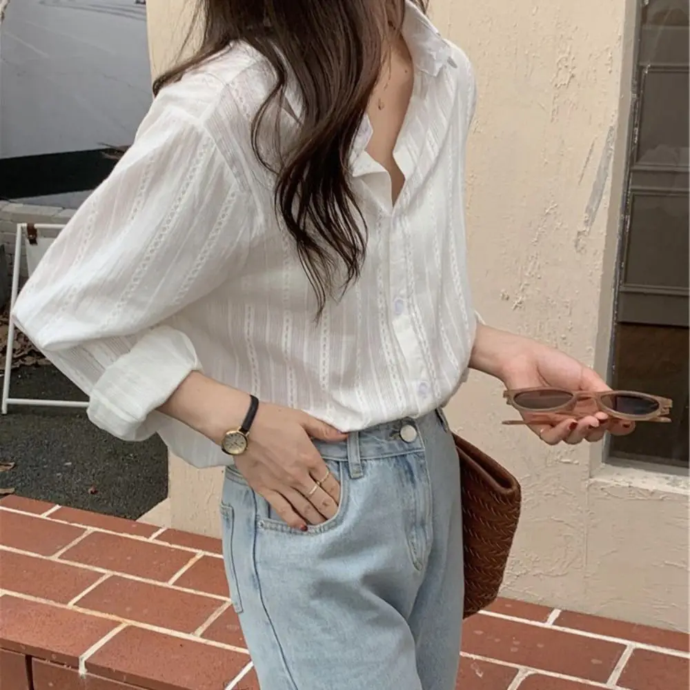 

Korean Style Sweet Strip Shirt Top Loose Casual Long Sleeve Blouse Sun Protection Thin Button Shirt for Women Girl