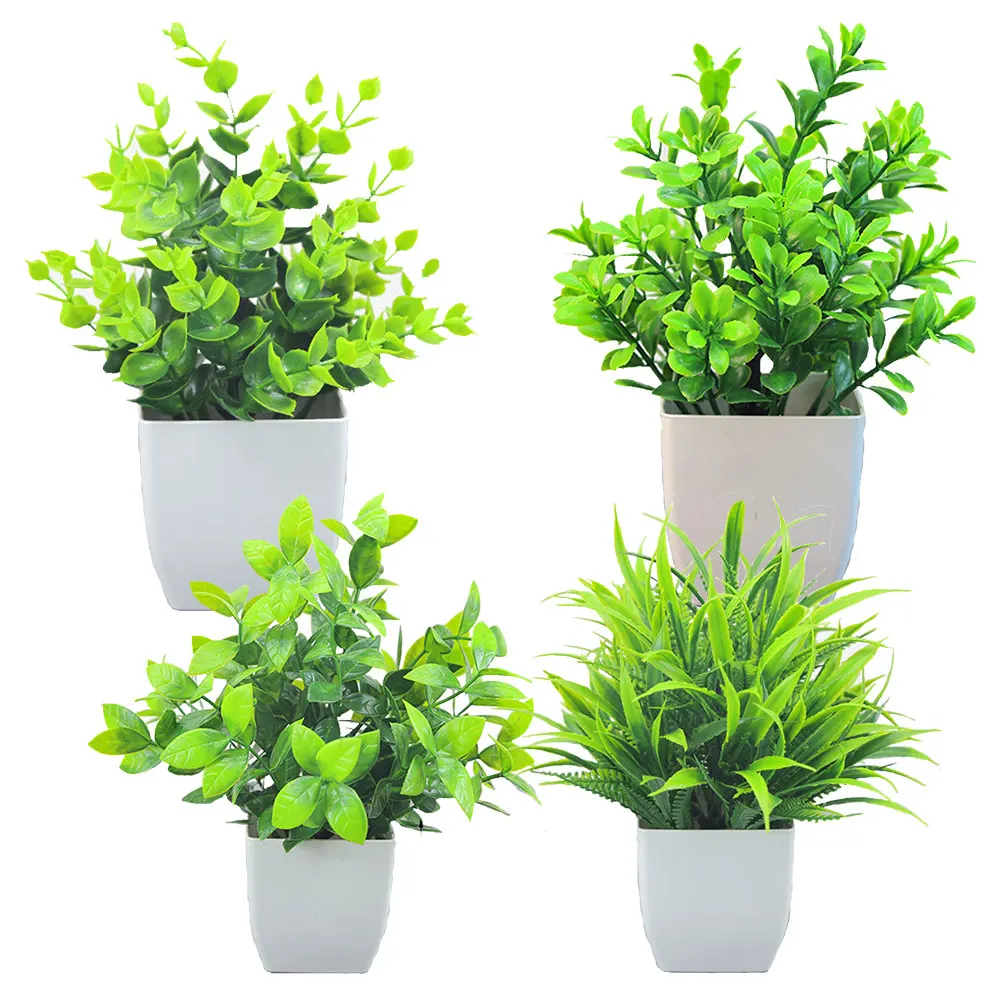 4 Different Types Mini Artificial Greenery Potted Plants White Basin for Home Office Desk Table Bathroom Decor Indoor Supplies