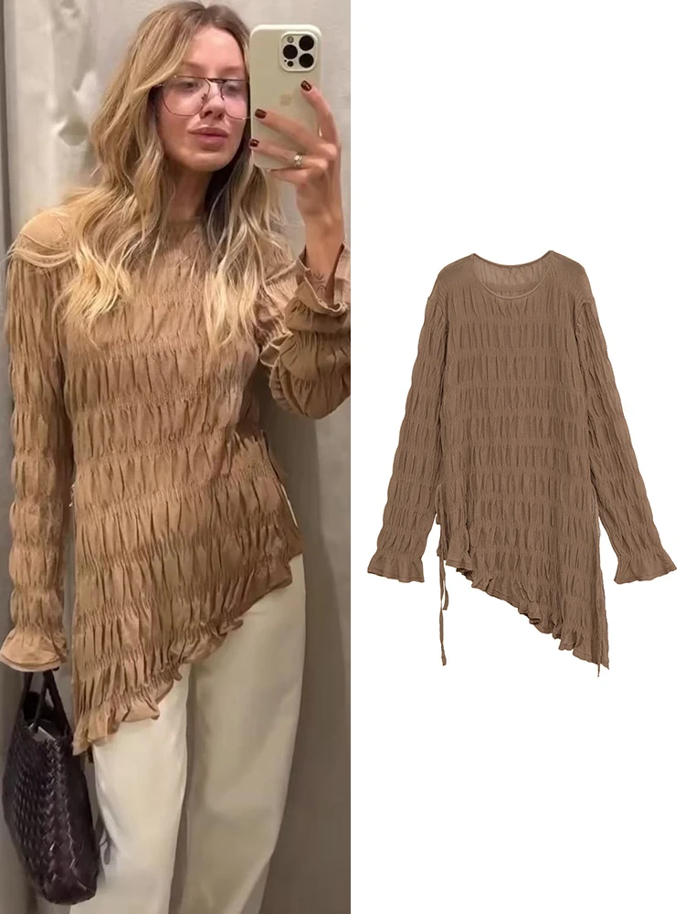 

Женская футболка с длинным рукавом, неровный подол, однотонные складки, длинный вязаный топ, повседневная модная повседневная уличная женская одежда 2025