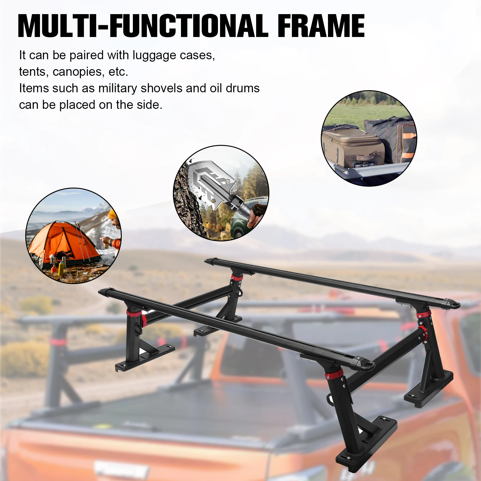 แร็คหลังคาสำหรับบรรทุกสัมภาระแบบปรับความสูงได้ 18-28 นิ้ว สำหรับรถกระบะ Ford/Gladiator/Tundra/Tacoma/Nissan