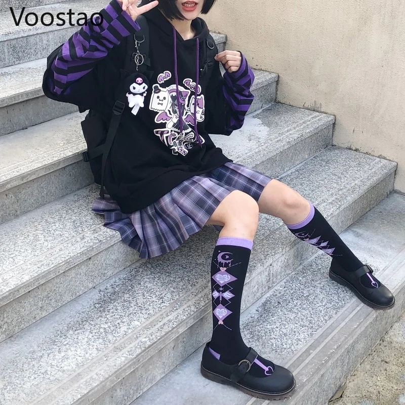 Gothic Anime Print Hoodies Fake Two Piece Hooded Sweatshirt Striped Long Sleeve Patchwork JK Hoodie Teens Punk Y2K Clothes Tops