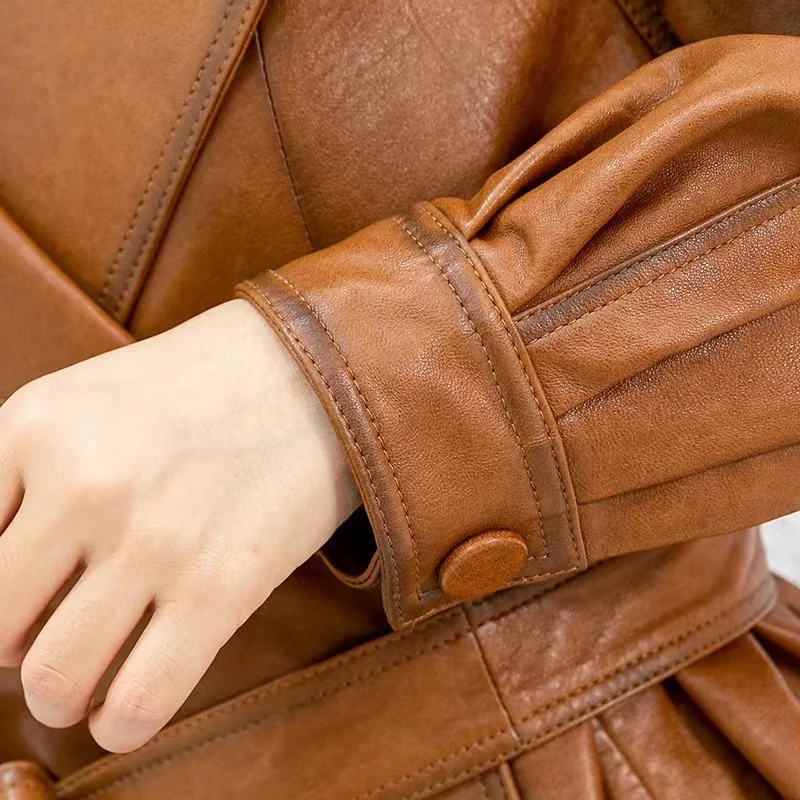 Sheepskin Coat 2023 Women Black/Brown Genuine Leather Jackets Spring Autumn Korean Fashion Lapel Sashes Slim Chamarra Piel Mujer