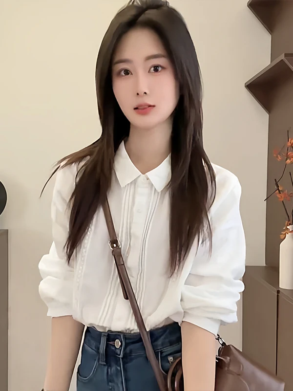 

Белая свободная блузка с длинным рукавом для женщин, с воротником, стройнящая, повседневная, весна 2026, модный тренд, молодежный стиль