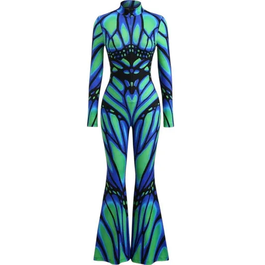 Weihnachts-Overall für Damen mit ausgestelltem Bein, Candy Cane- und Schneeflockenmuster, Glockenbein-Design, Totenkopf-Bodysuit, Halloween-Weihnachts-Clubwear, Partykostüm – Detail 12