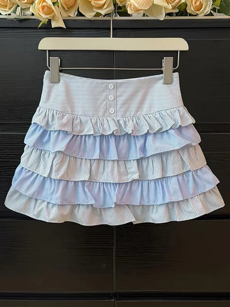 

Zoki милая полосатая юбка с оборками, милые повседневные сексуальные мини-юбки с высокой талией, летняя мода, женская корейская танцевальная юбка в консервативном стиле