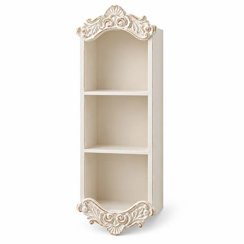 Vintage French Wall Shelf, 3-Tier Distressed Ivory MDF Display Organizer with Ornate Carved Trim, 80cm Tall