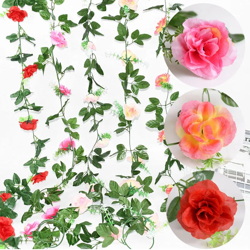 2.2M Rose Artificial Flowers Hanging Garland Silk Rose Leaves Vine Rattan For Home Wedding Arch Christmas Party Decor Plants Ivy