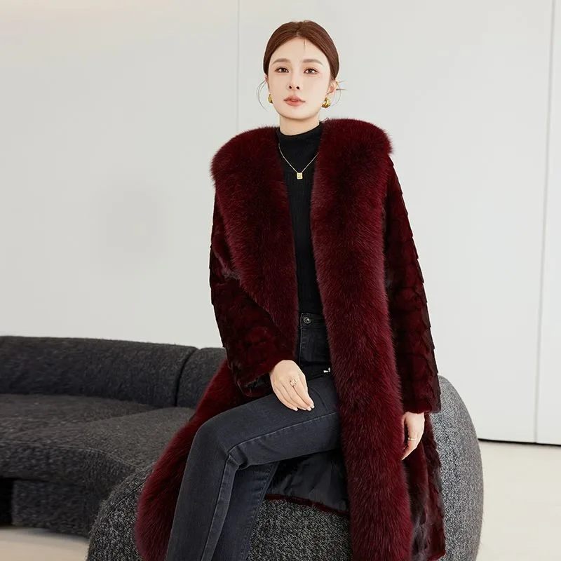 Hot Sales Fashion New winter Real Mink Coat Women Medium Length Mink Fur Coat High Quality Natural Fox Fur Collar Warm Jacket