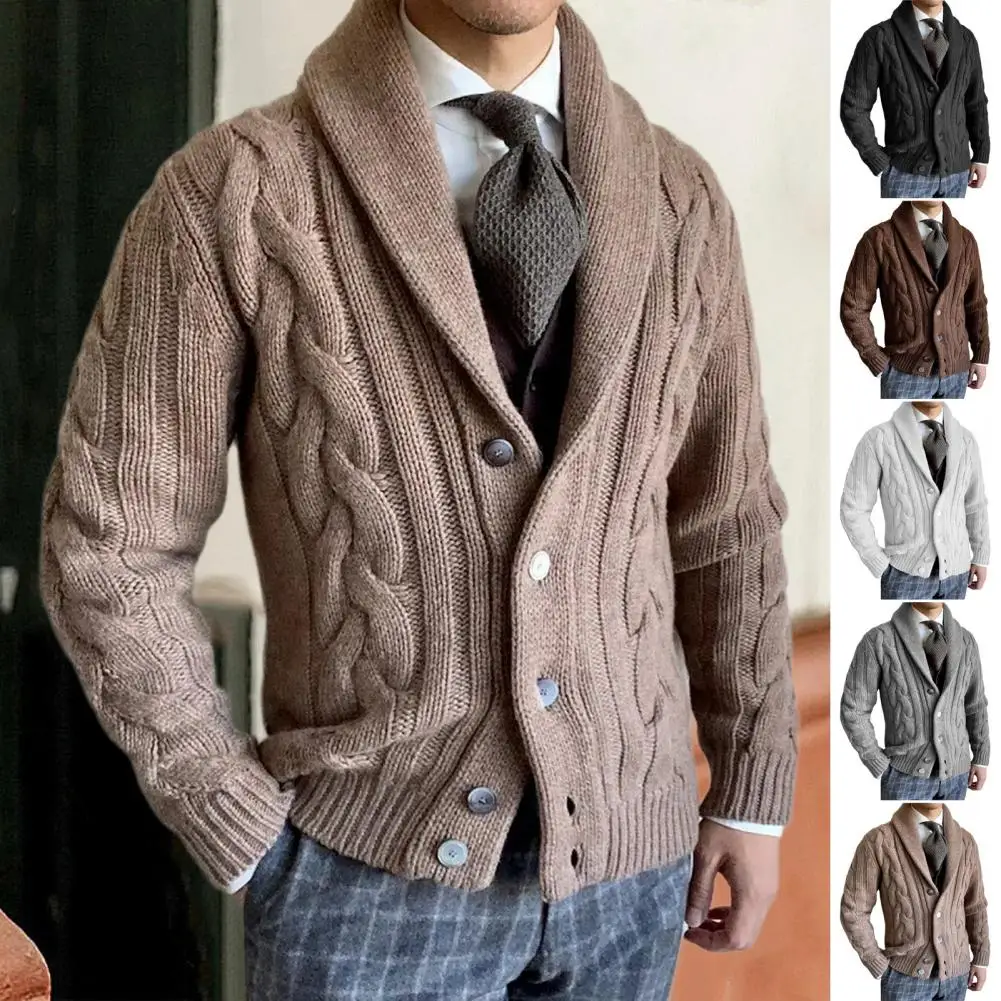 Men Knitted Cardigan Jacket Men\'s Lapel Long Sleeve Cardigan Sweater Twist Texture Knit Coat for Casual Outerwear Casual Men