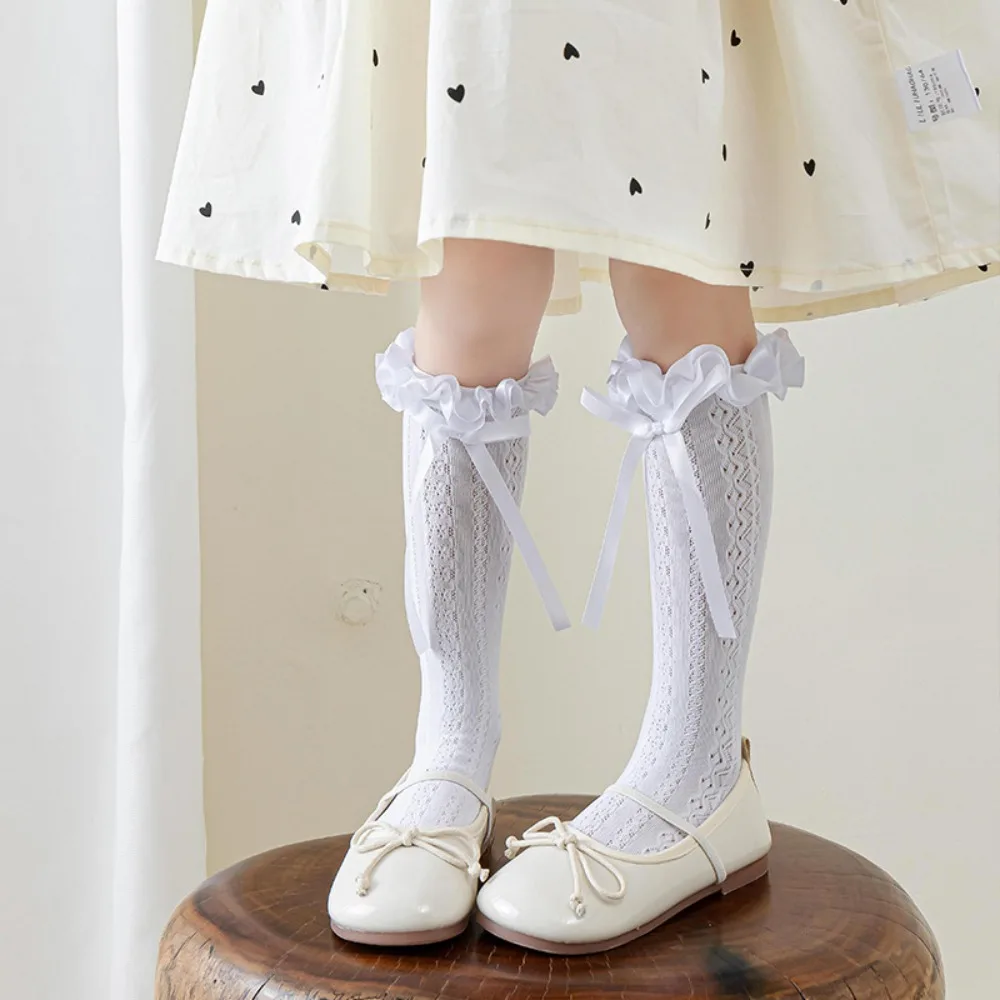 

Тонкие детские кружевные летние носки-гольфы для девочек, дышащие сетчатые однотонные носки в стиле Лолита