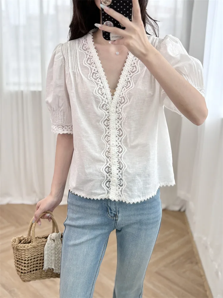 

Летние белые рубашки-топы для женщин, 88-94 см обхват груди, французский стиль, элегантные, свободные, сексуальные, с V-образным вырезом, вышивкой, кружевными вставками, 100% рами, тонкие рубашки