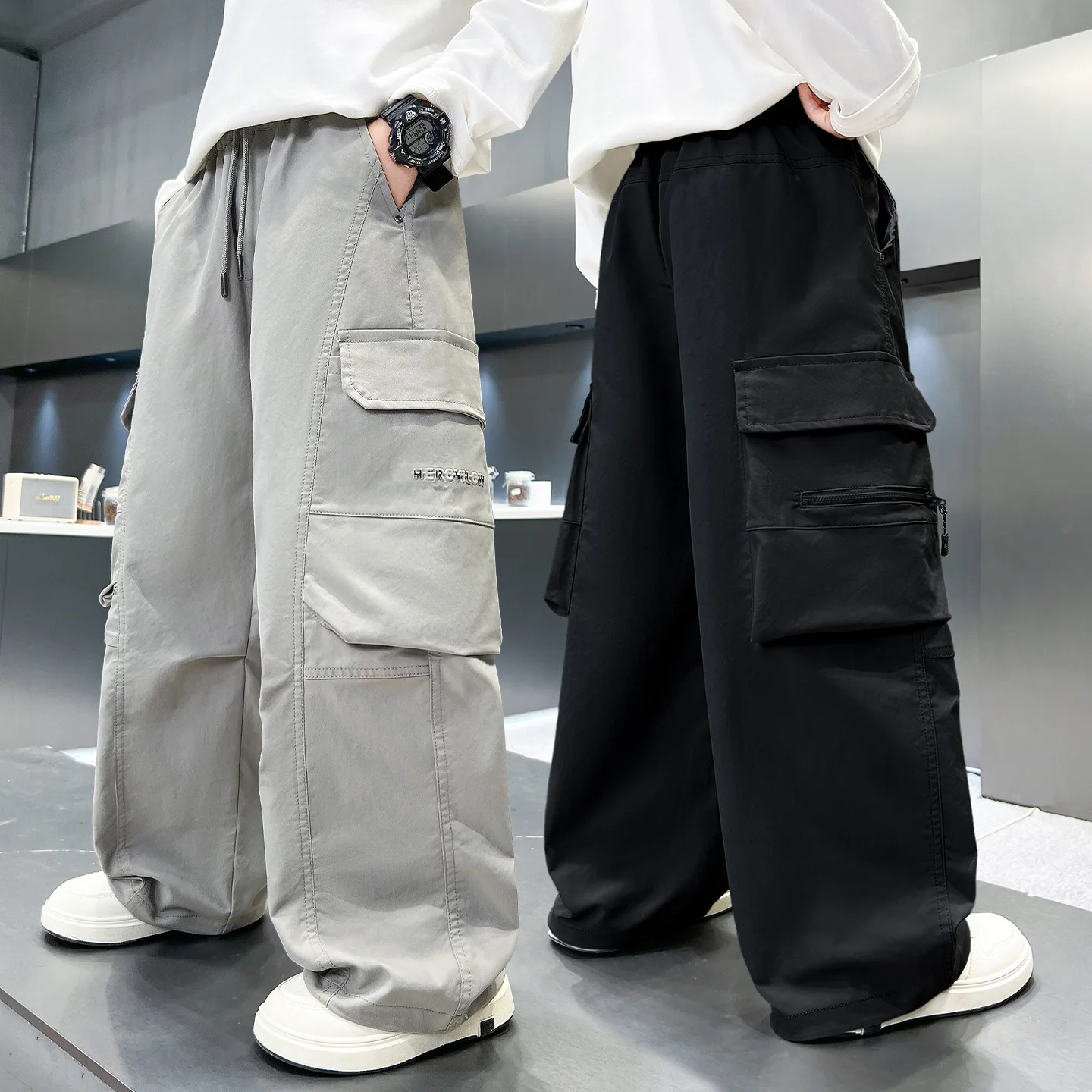American Style Work Pants Casual Washed Elastic Waist Multi Pocket Paris Grey Loose Fit Long Pants Daily Versatile Youth Fashion