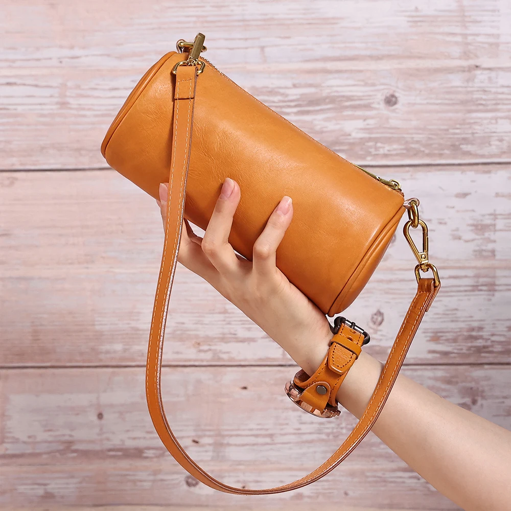 New Women's Genuine Leather Cylinder Bag Korean Style Crossbody Bag  Single Shoulder Bag Plant Tanned Leather Underarm Bag