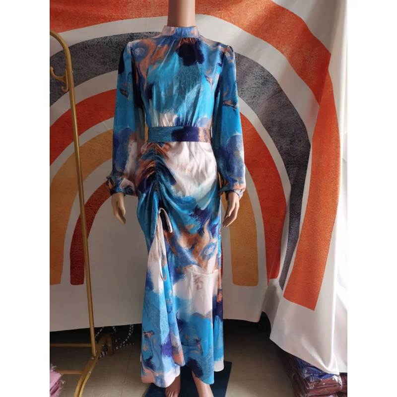 Fashion Modest Elegant Tie Dye Print Pleated Dress Half High Collar Long Lantern 2024 Spring Autumn Women Femme Robe Clothing