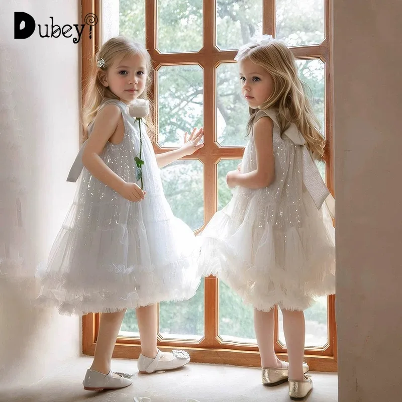 New Baby Toddler Girl Dress with Peter Pan Collar Elegant Breathable Sequin Tulle Party Dress for Birthday Special Occasion