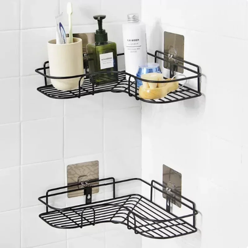 

1pc Wrought-iron Bathroom Shelf, Corner Non-perforated Storage Rack, Wash Rack, Kitchen Self-adhesive Tripod With 4 Hooks