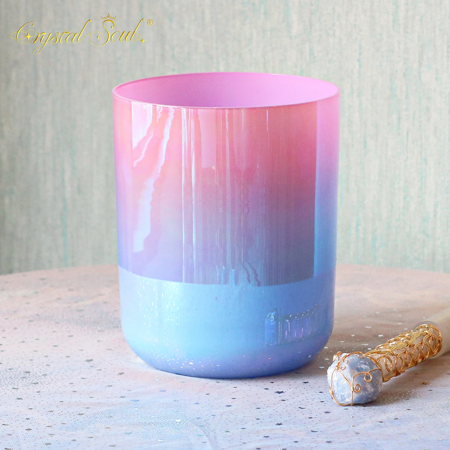 

CrystalSoul 432Hz Pink Ocean Powder Blue Gradient clear Alchemy Crystal Bowl with accessories