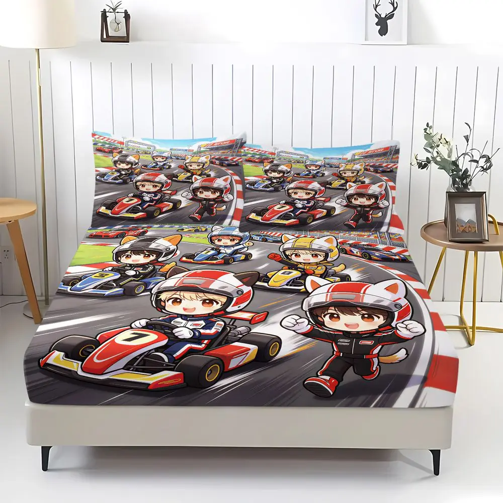 Kart Racing Cartoon Digital Print Fitted Sheet Set Bed Sheet Set Bedding Set No Fillers Sport Style Apartment Bedroom Decor