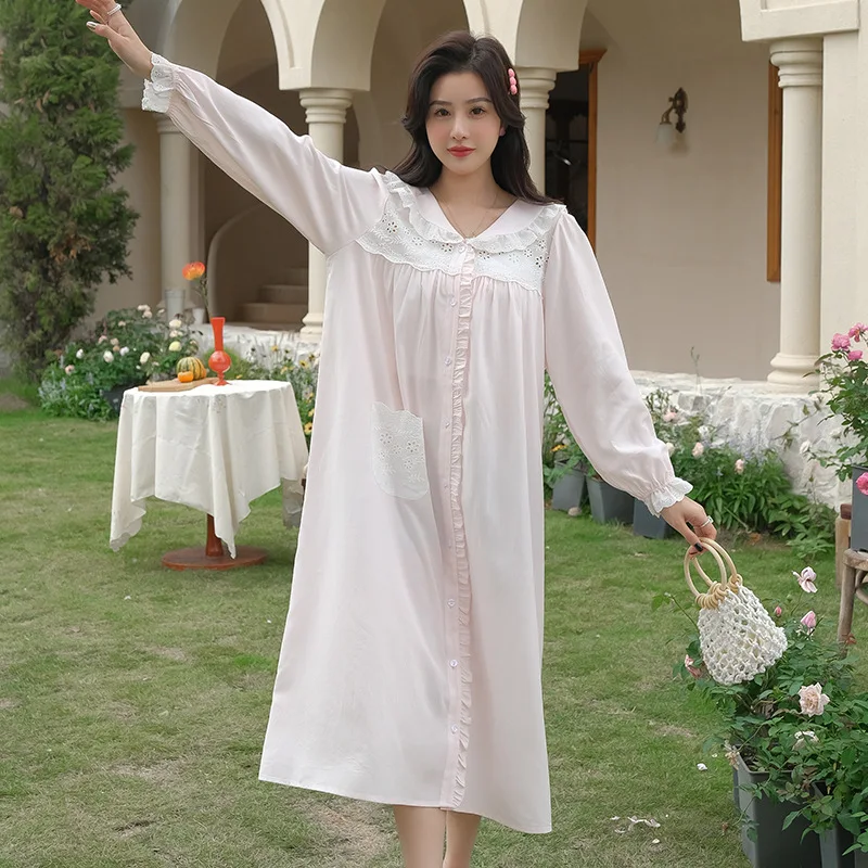 Women Sweet Turn-Down Collar Full Sleeves Nightdress 100% Cotton Casual Cardigan Long Mid-Calf Nightdress Loose Design Homedress