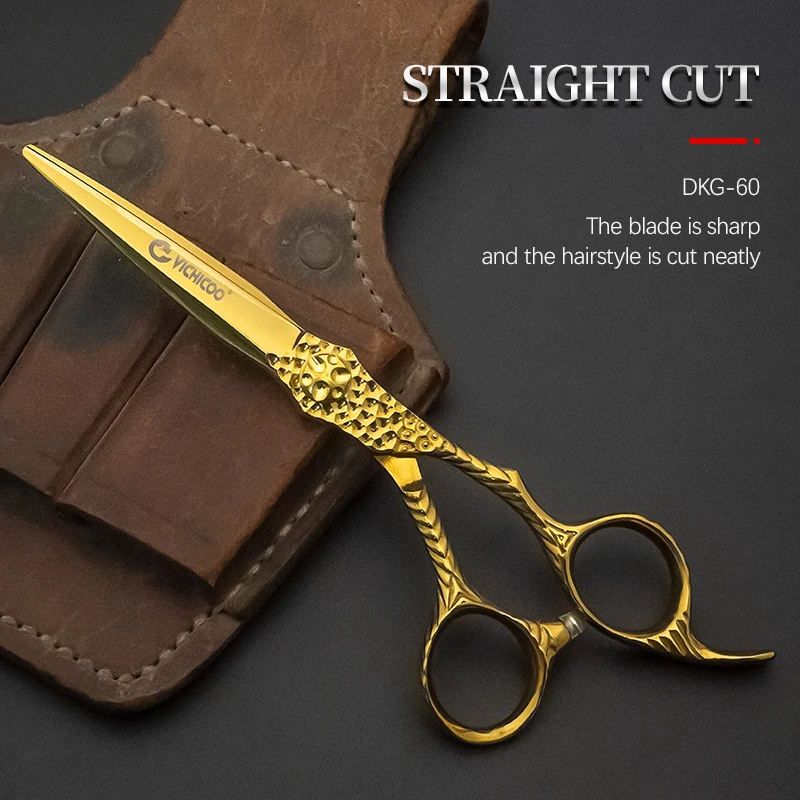 VICHICOO DKG Series 6 Inch Gold Titanium Hammer Pattern Floral Handle Hair Scissors 7CR Stainless Steel Flat Cutting Barber Shea