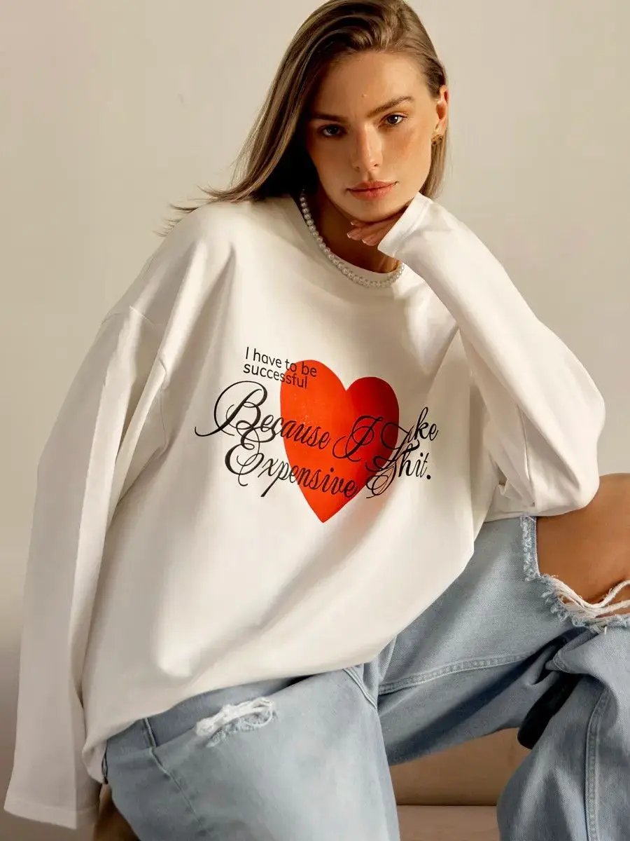 

Unique Letters Cute Heart 100% Cotton Long Sleeve T-shirts Thin Sweatshirt Autumn Retro Tops Temperament Loose Casual Women Girl