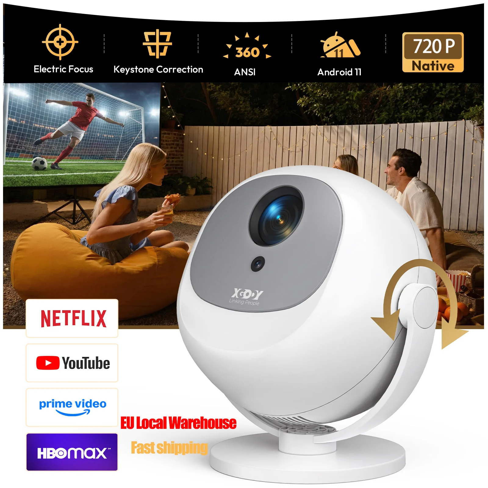XGODY 4K Projector 360ANSI Electic Focus Mini Native 720P Android 11 Wifi6 BT5.0 Cinema Outdoor Portable Projector